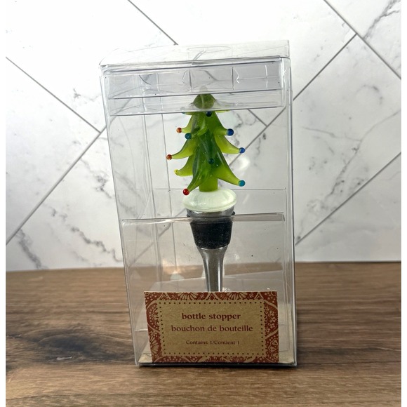 Pier 1 Imports Other - Pier 1 Imports Christmas Tree Bottle Stopper Green Glass Metal Stem w/ Gift Box